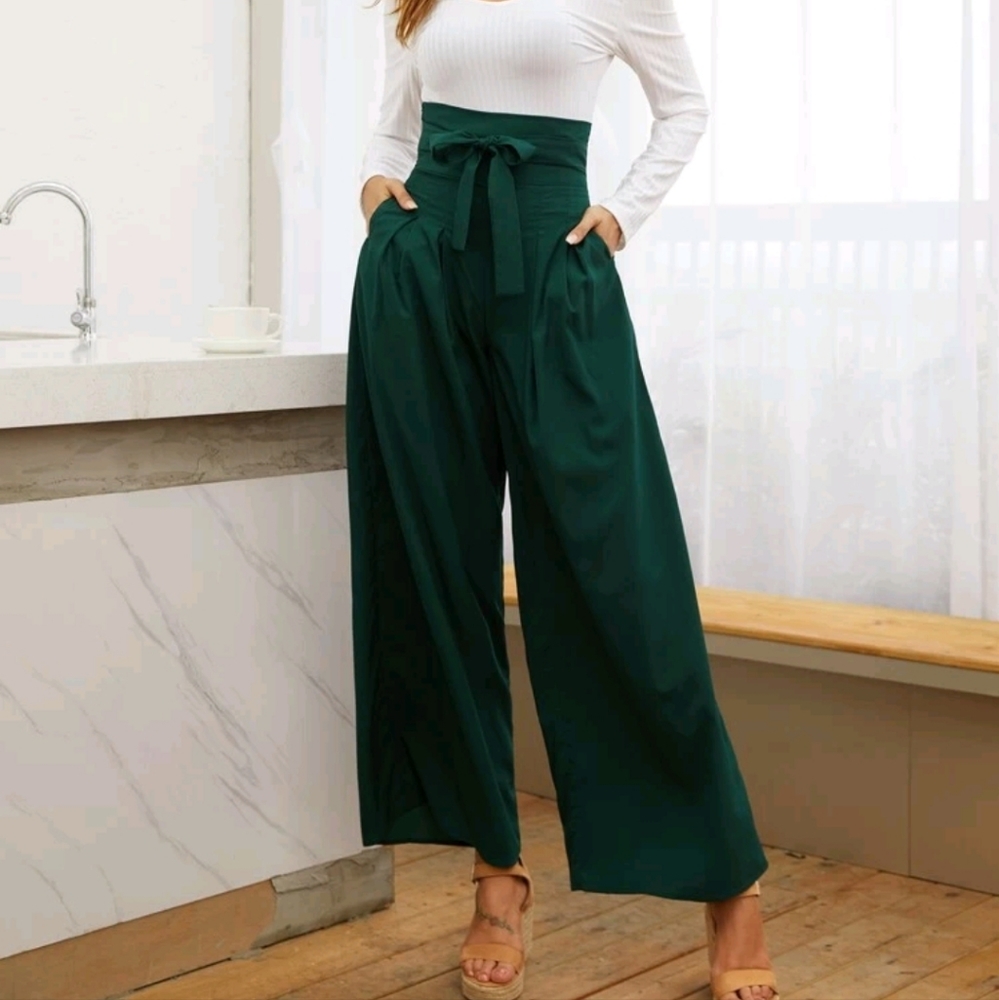 Dark Green Belted High Waist Wide Leg Pants